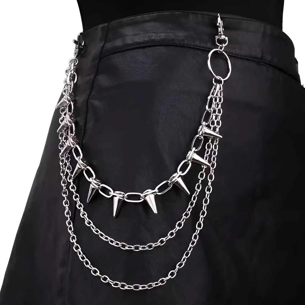 Silver alloy trousers chain with double layer design and rivet detailing, shown against dark fabric