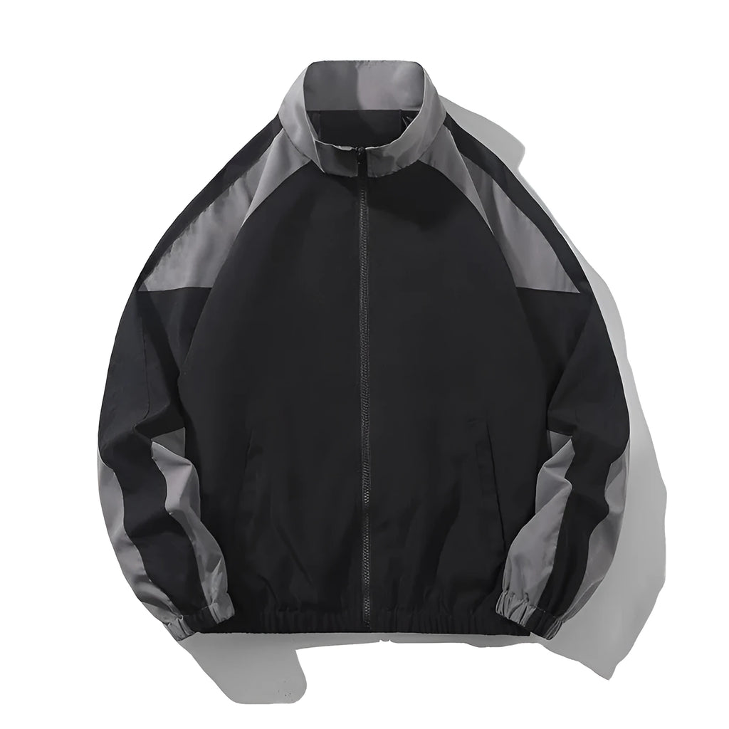 Men's casual jacket with contrast stitching design in black colour showing side seam pockets and loose fit