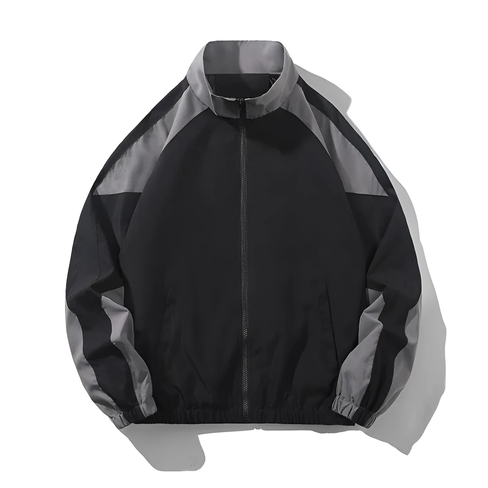 Men's casual jacket with contrast stitching design in black colour showing side seam pockets and loose fit
