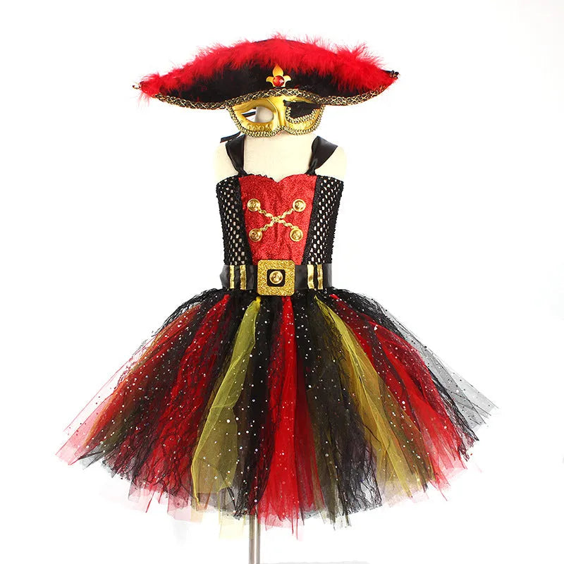 Sleeveless girls pirate costume dress with sequin and lace decoration for Halloween