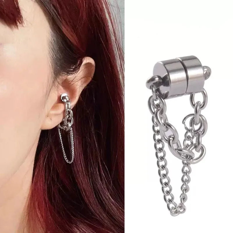 Non-piercing magnetic suction chain earrings with micro inlay, alloy material, European American style