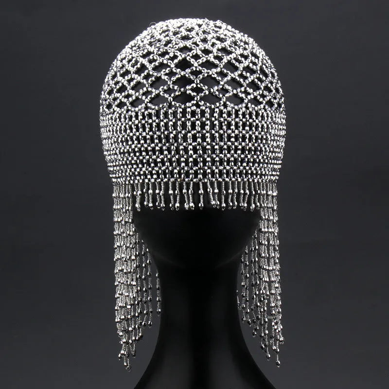 Handmade alloy belly dance hat with decorative mesh and long tassels
