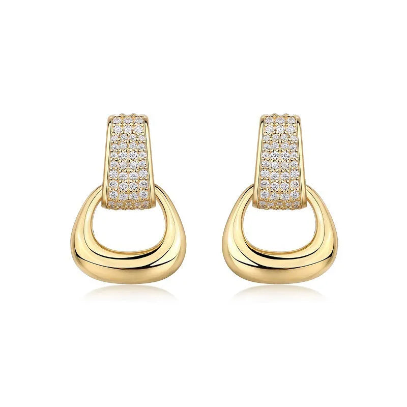 Pair of silver moissanite stud earrings with geometric shape and round popular element