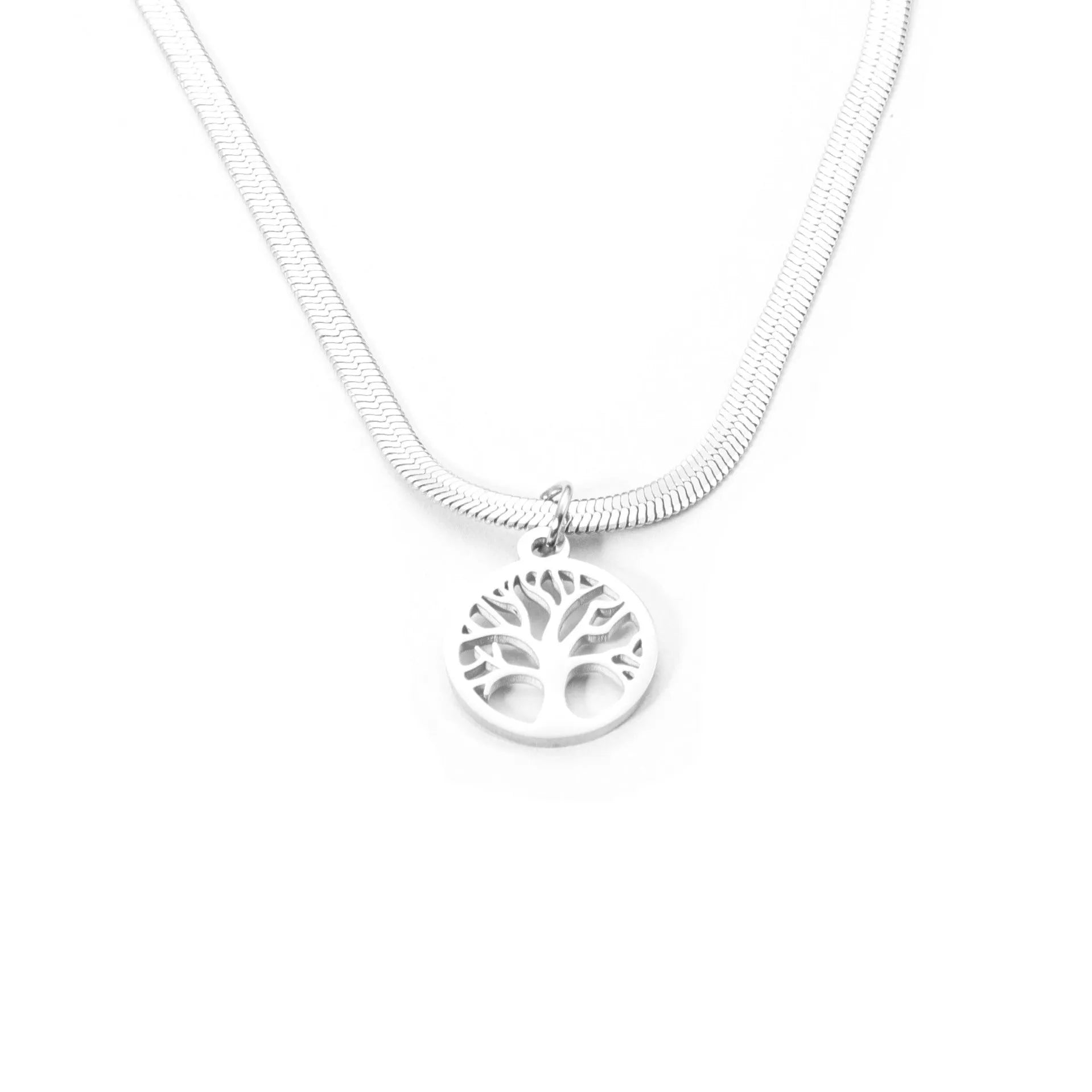 Stainless steel lucky tree pendant necklace on a snake bones chain, shown in gold and steel colour options.