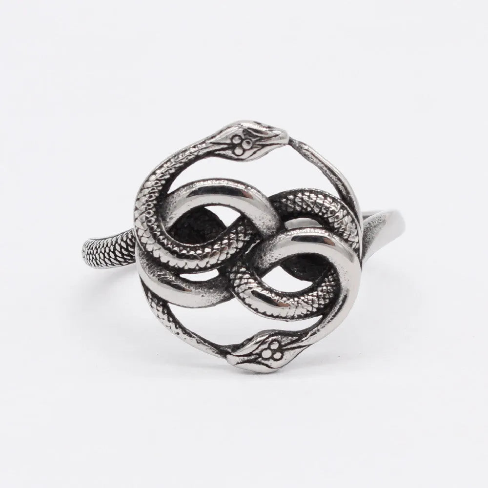 A titanium steel double snake ring in a steel colour on a neutral background.