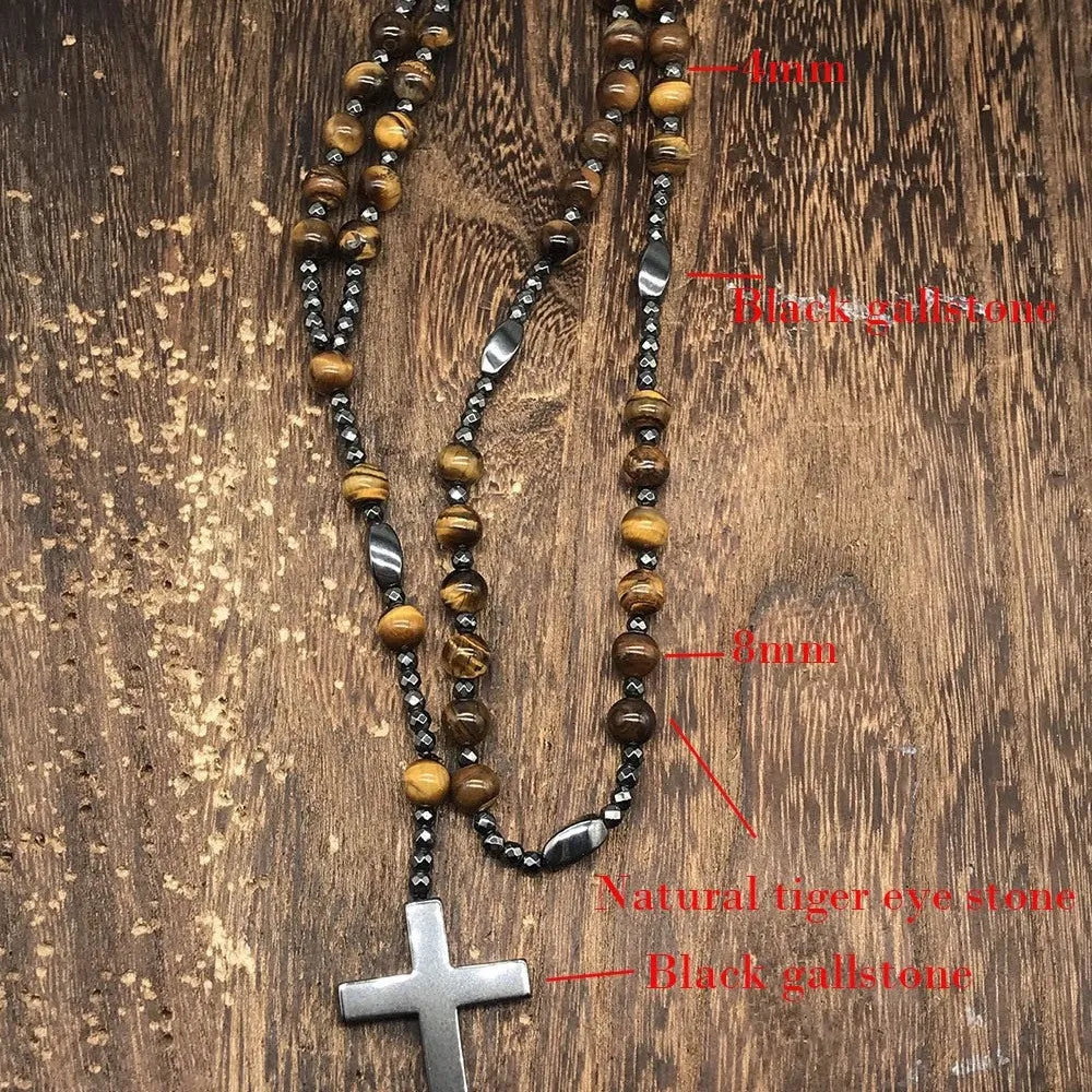 Stone cross pendant necklace on ball bead chain with safety lock clasp