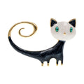 Personalised painted alloy brooch showing a cat design with raised tail, in orange and white colour options