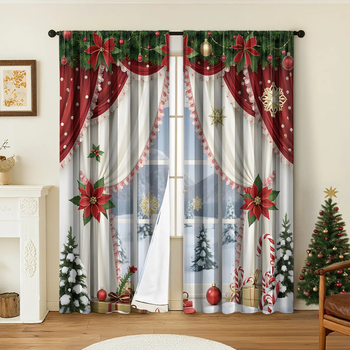 Pair of red and green 3D digitally printed Christmas curtains with festive patterns hanging on a window.