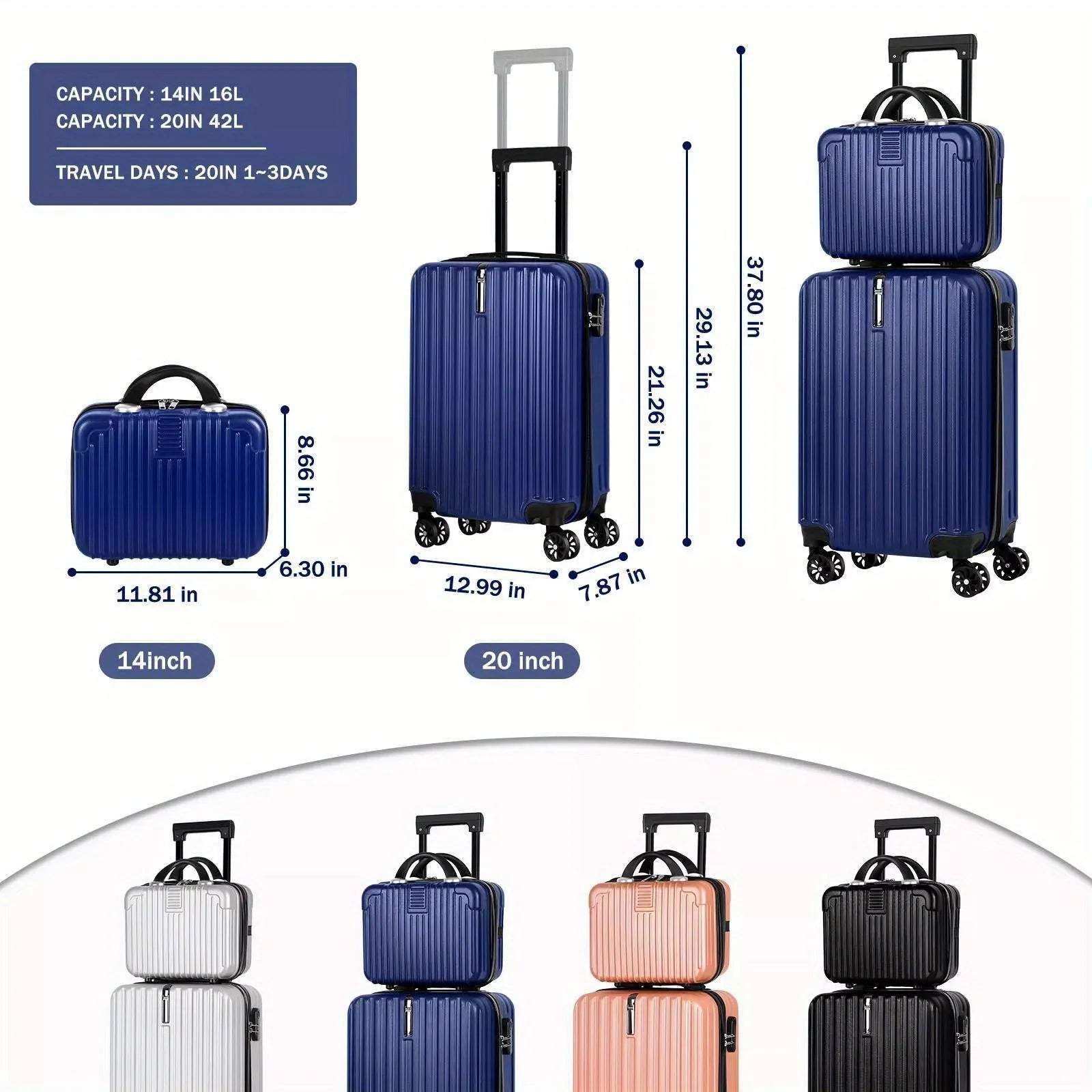 Aluminium alloy travel trunk set showing 14-inch and 20-inch sizes with two trunks and towel accessory