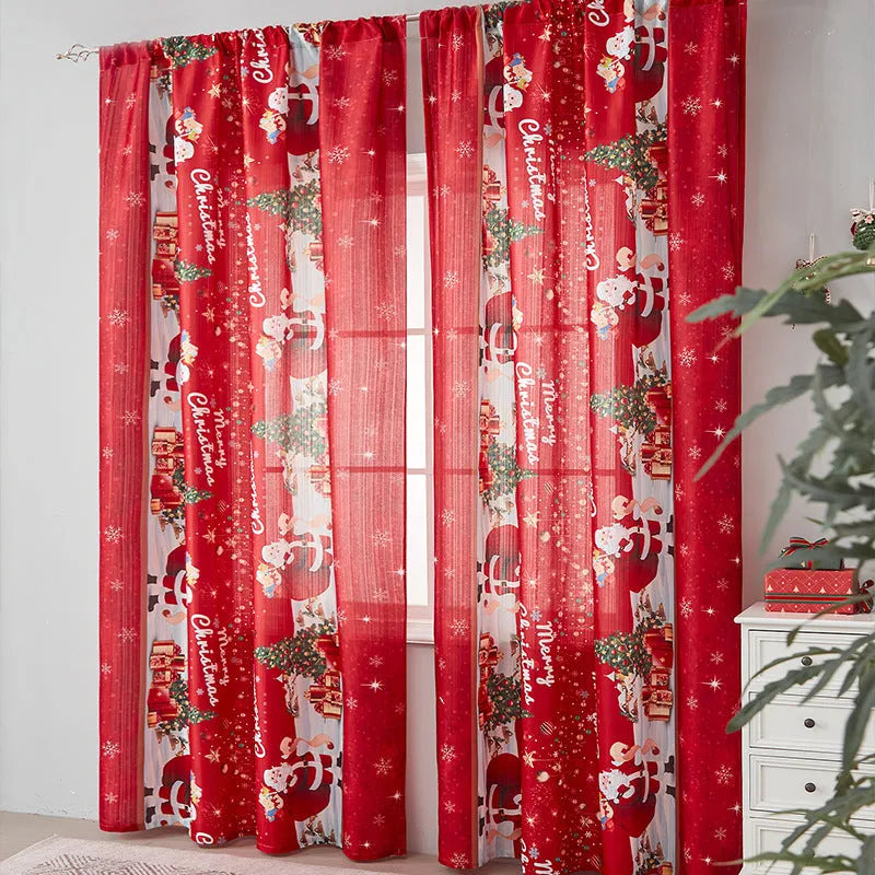 American-style rectangular polyester curtain with printed red Christmas plaid design, semi-sunshade function.