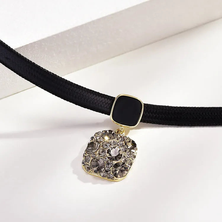 Alloy black square short necklace with rhimestone and gray diamond pattern for women on adjustable chain
