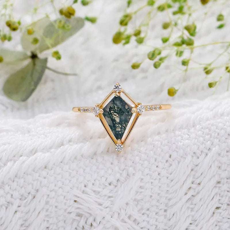 French Entry Lux vintage water plants agate ring quadrilateral silver and gold plating women ring Meidu size