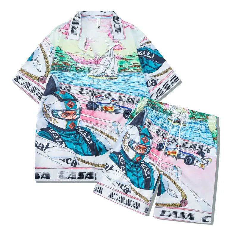 Men's plaid print polyester beach outfit consisting of a short-sleeve shirt and matching trousers.