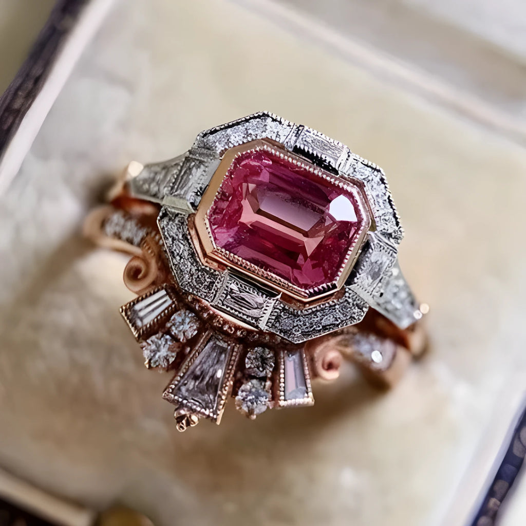 Retro-style rose gold women's alloy ring with geometric shape and ruby design.