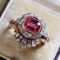 Retro-style rose gold women's alloy ring with geometric shape and ruby design.