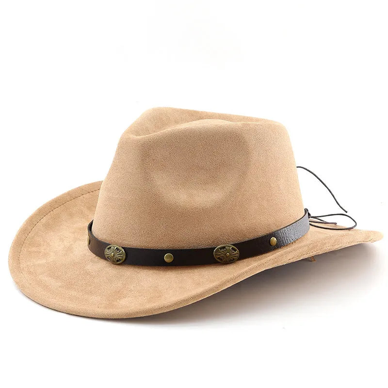 Brown leather velvet curved edge Western cowboy hat with a conical crown on a wooden surface.