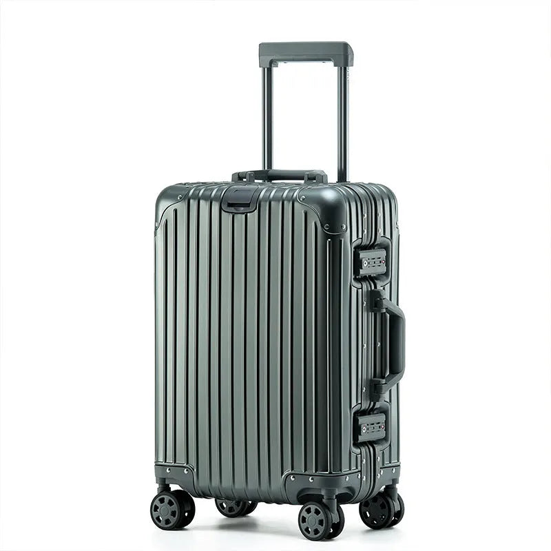 Alloy trolley case luggage in solid colour for business travel with metal construction and universal wheels