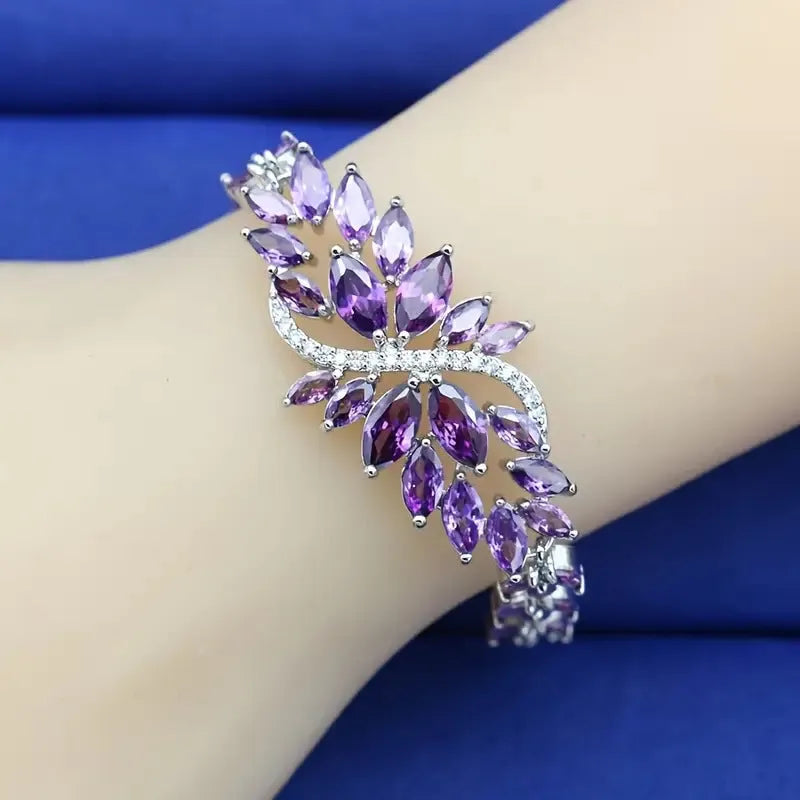 Gold plated copper bracelet with micro inlaid zircon ice flower design in blue, colour, green, purple or white