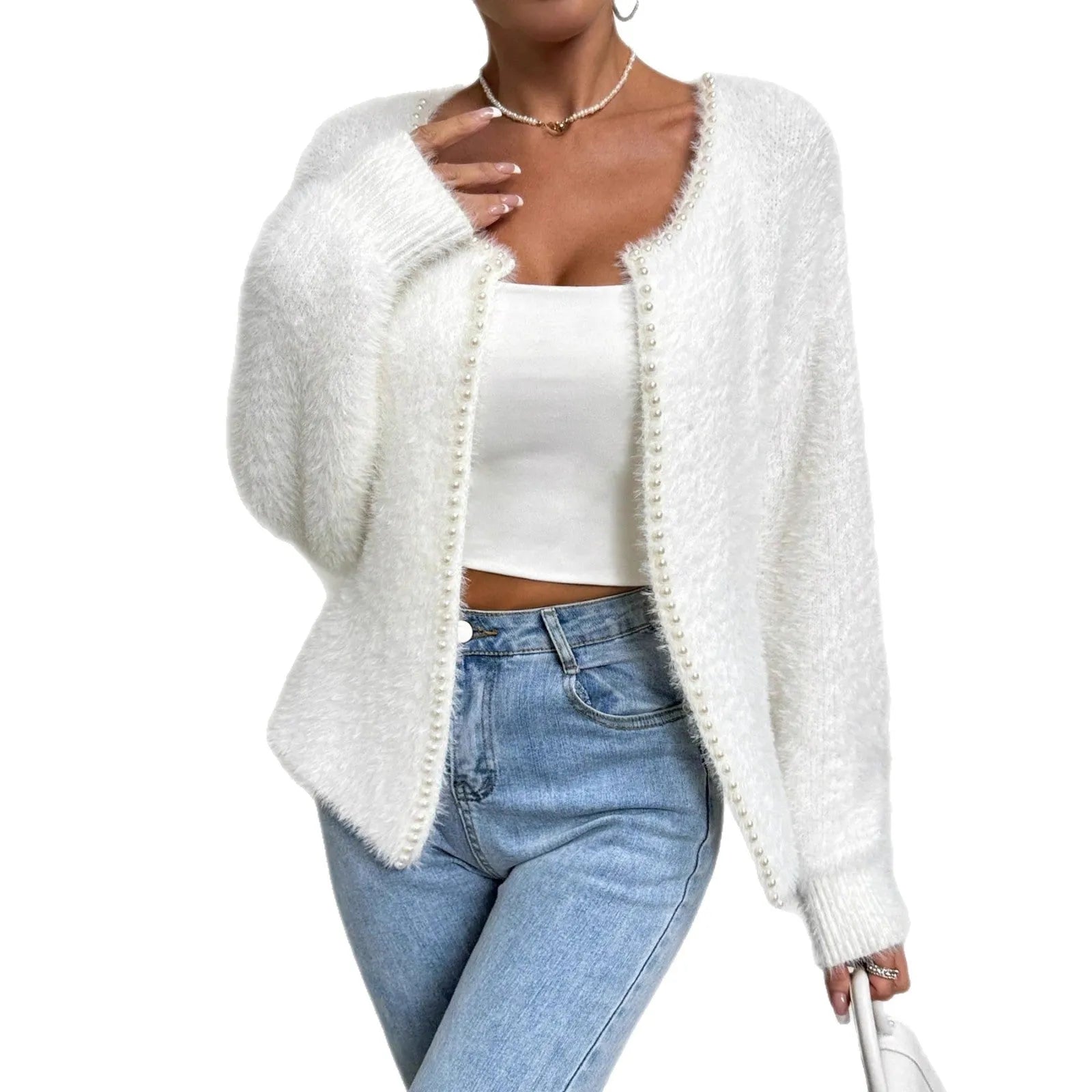 Women's white V-neck cardigan with medium thickness polyester knit fabric