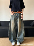 Men's retro blue distressed denim wide-leg trousers with micro elastic cotton blend fabric