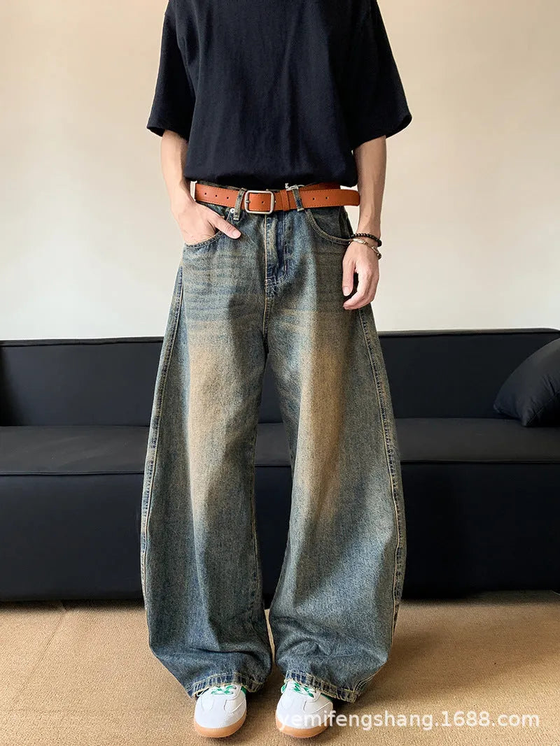 Men's retro blue distressed denim wide-leg trousers with micro elastic cotton blend fabric