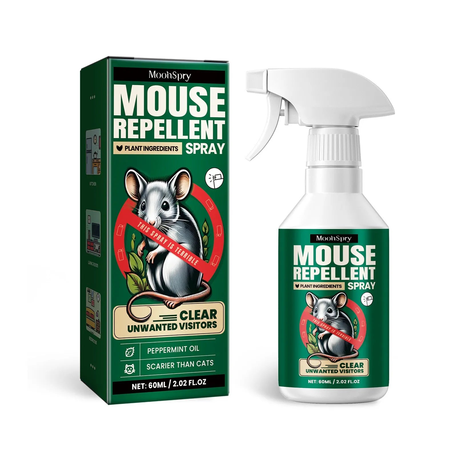 60ml rat repellent spray bottle with natural essential oils for home, car and outdoor use.