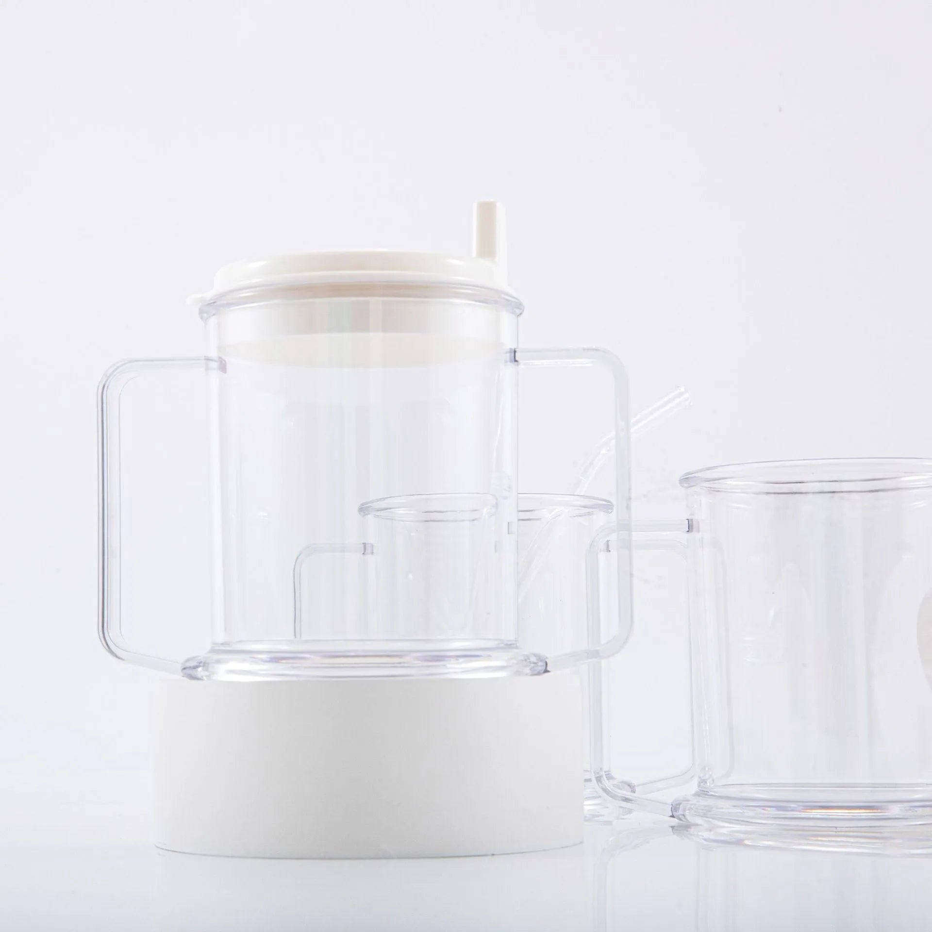 Transparent spill-proof lightweight drinking cup with modern minimalist design