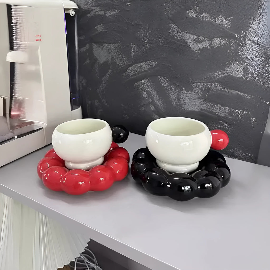 Ceramic coffee cup and matching dish set in a solid colour, 250ml capacity.