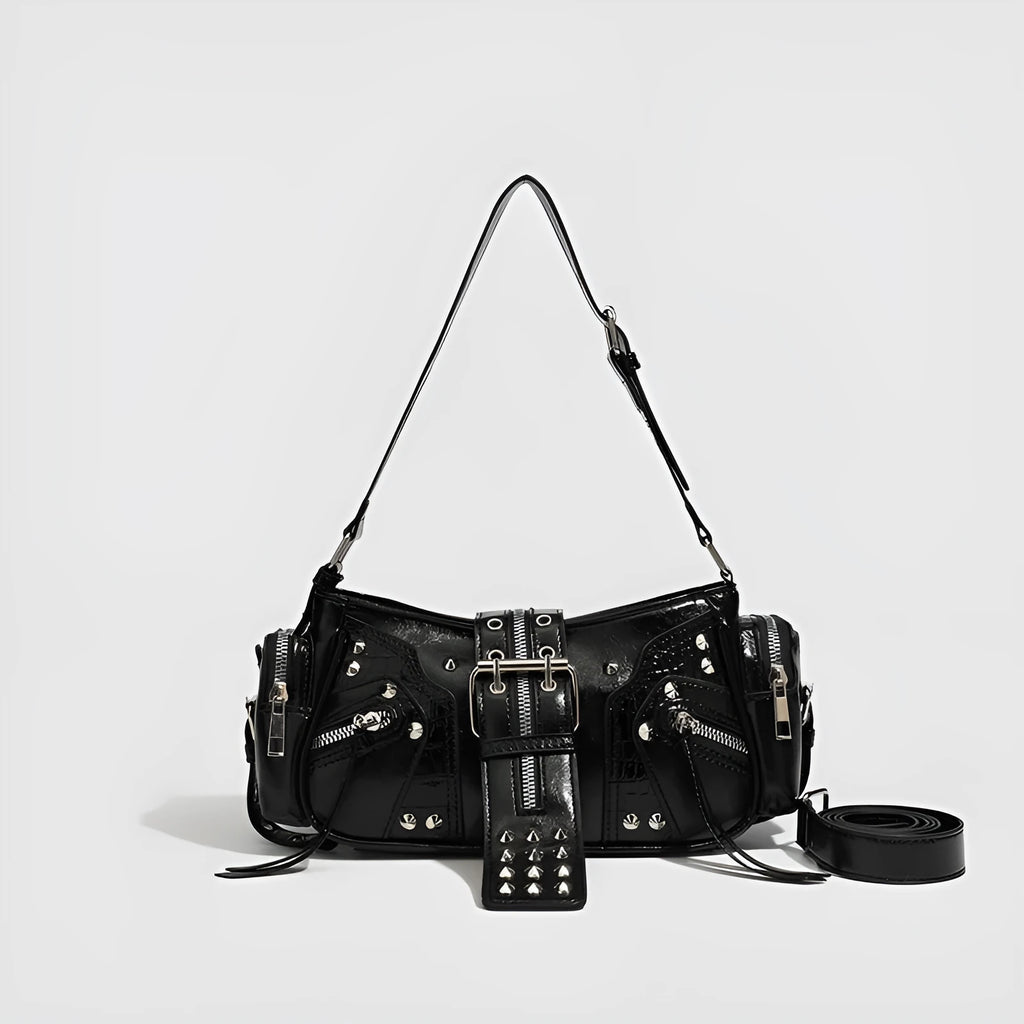 Black retro dumpling-shaped women's handbag with oil wax leather finish and external pockets