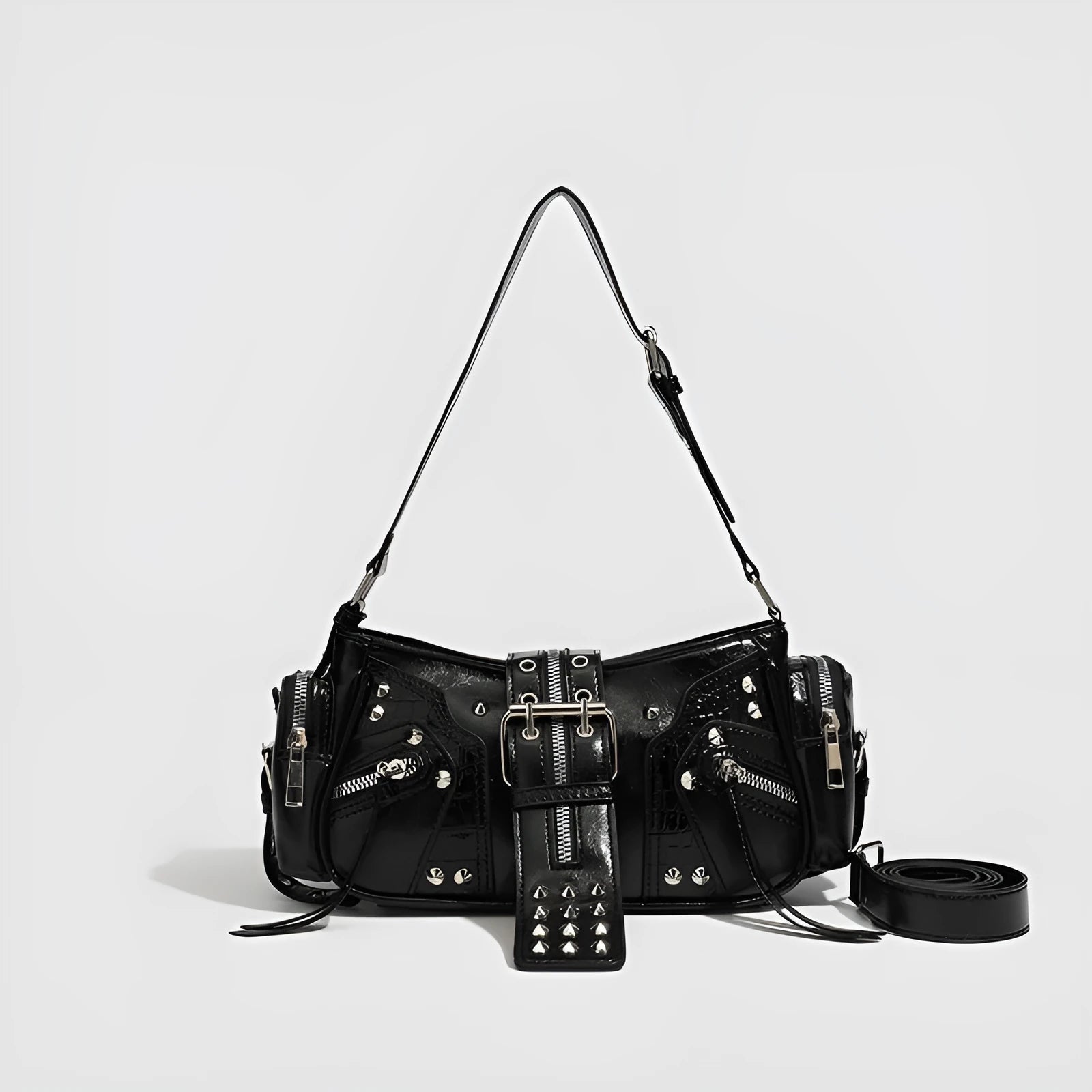 Black retro dumpling-shaped women's handbag with oil wax leather finish and external pockets