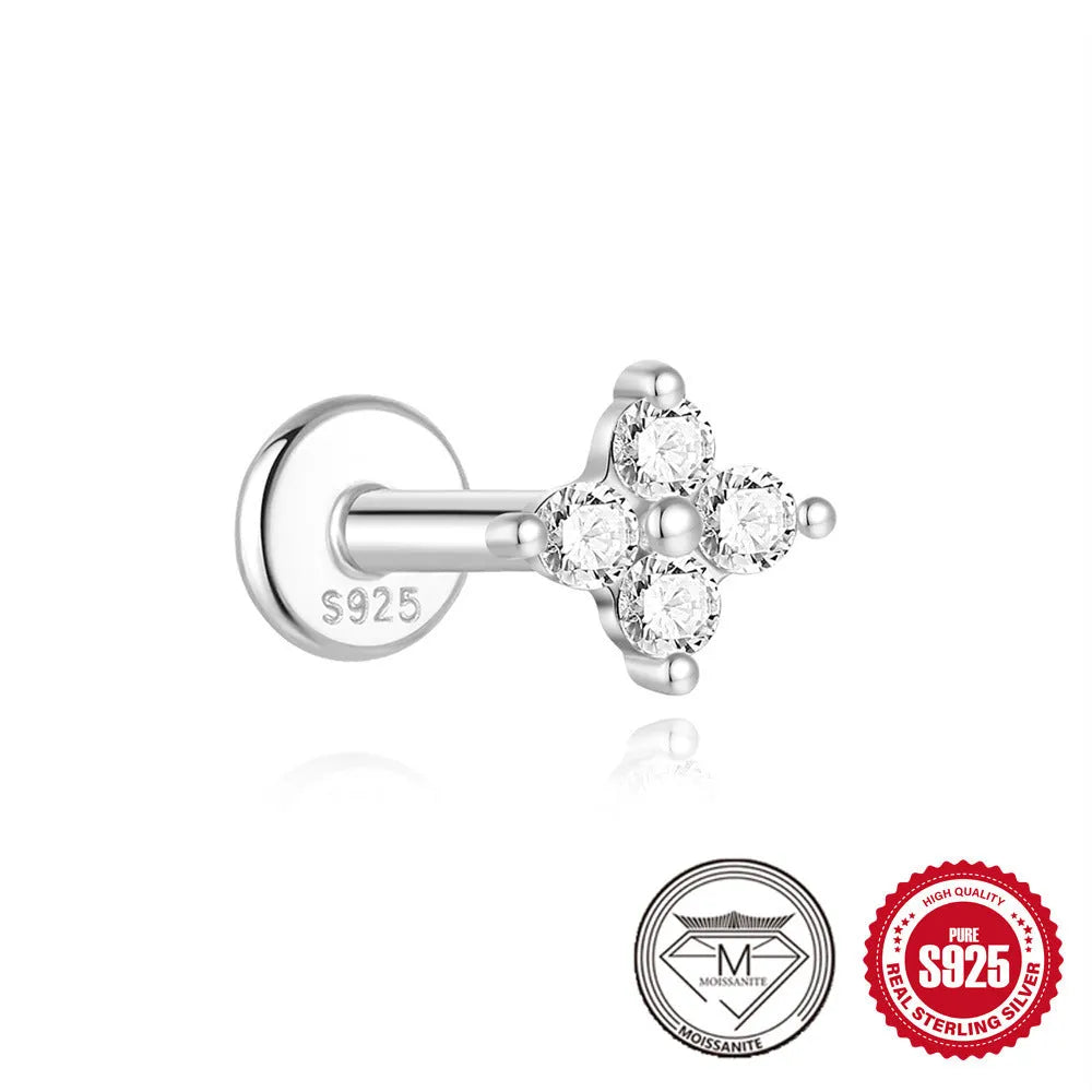 S925 sterling silver stud earrings with geometric petal diamond debris design and platinum plating