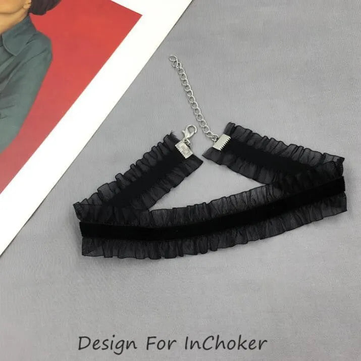Velvet ruffled clavicle chain necklace with flower pendant in snake bones design on alloy chain
