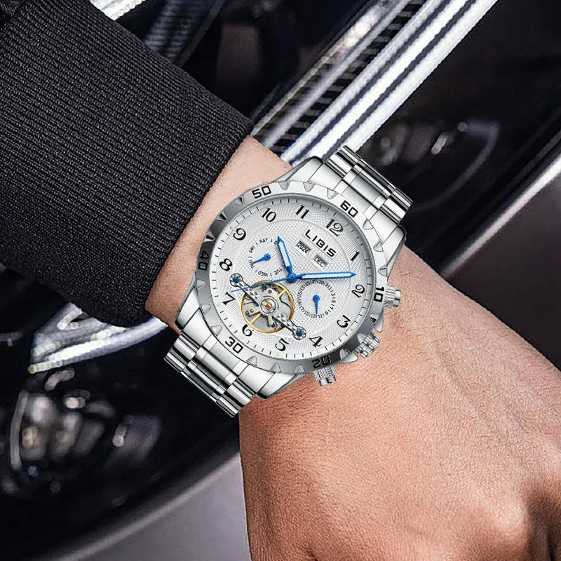 Men's silver automatic perpetual calendar mechanical watch with stainless steel strap and sapphire crystal glass