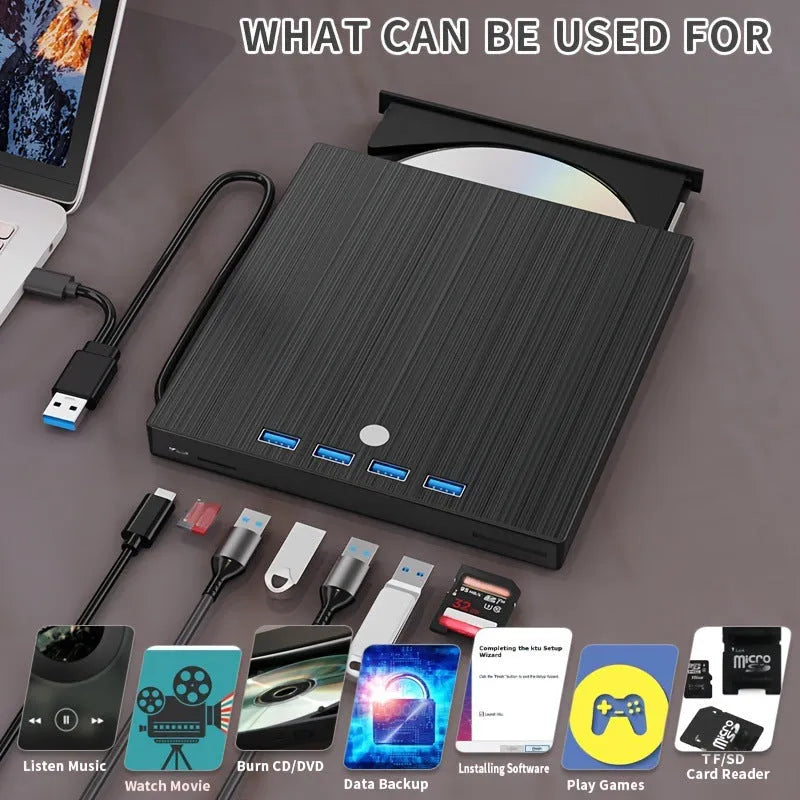 Black external DVD burner with USB and TYPE-C cables, tray loading drive on a desk
