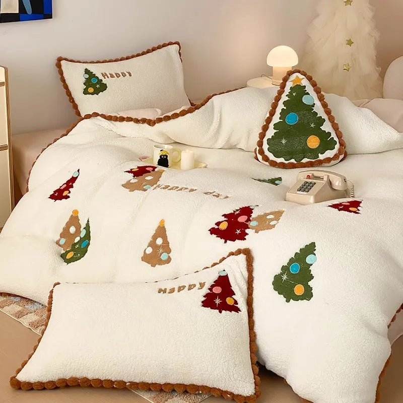 Bright yellow fleece-lined bedding set with winter Christmas cartoon animation pattern