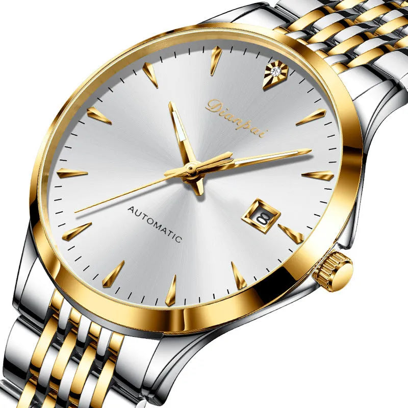 Men's simple dial automatic mechanical watch with stainless steel bracelet on a wrist.