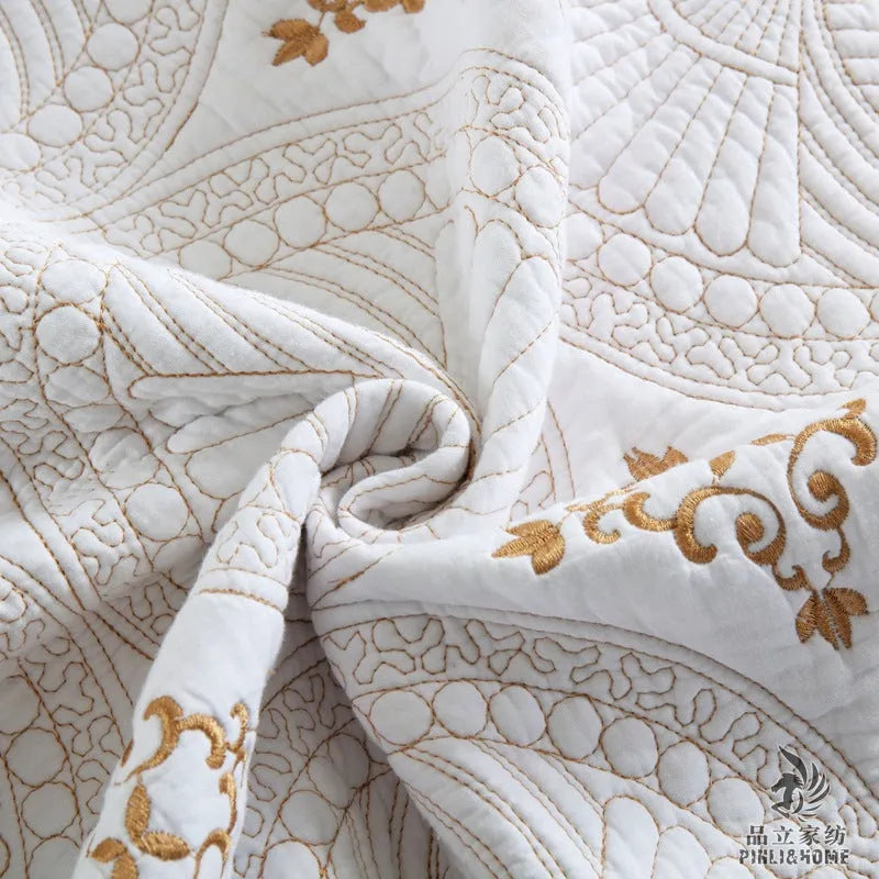 Double-thick pure cotton embroidered bedspread set with pillowcases for a 1.8 metre bed.