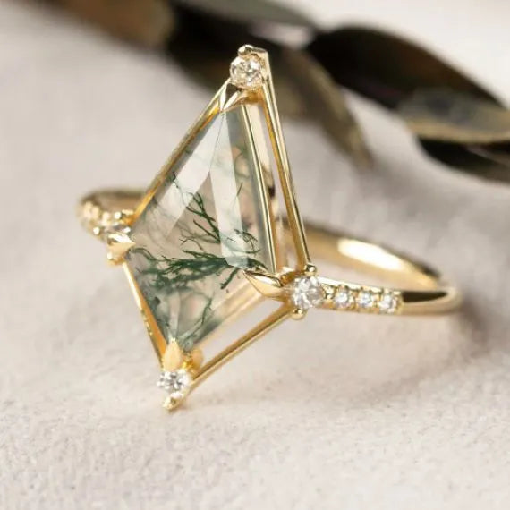 French Entry Lux vintage water plants agate ring quadrilateral silver and gold plating women ring Meidu size