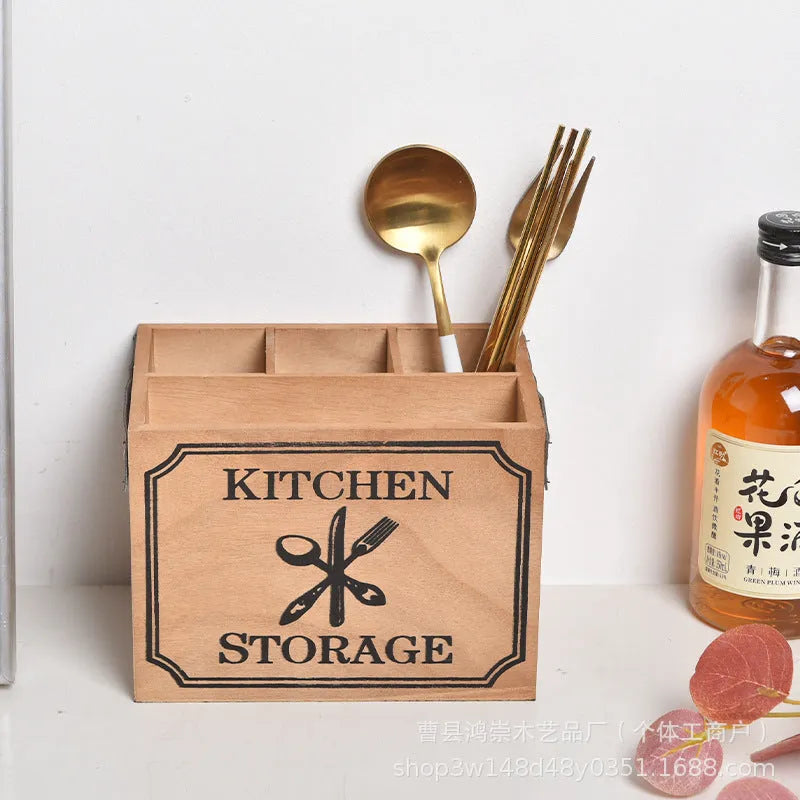Wooden kitchen storage box for knives forks chopsticks with internal divider grid