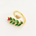 Women's copper geometric leaf open mouth ring with gold zircon plating and micro inlaid detailing