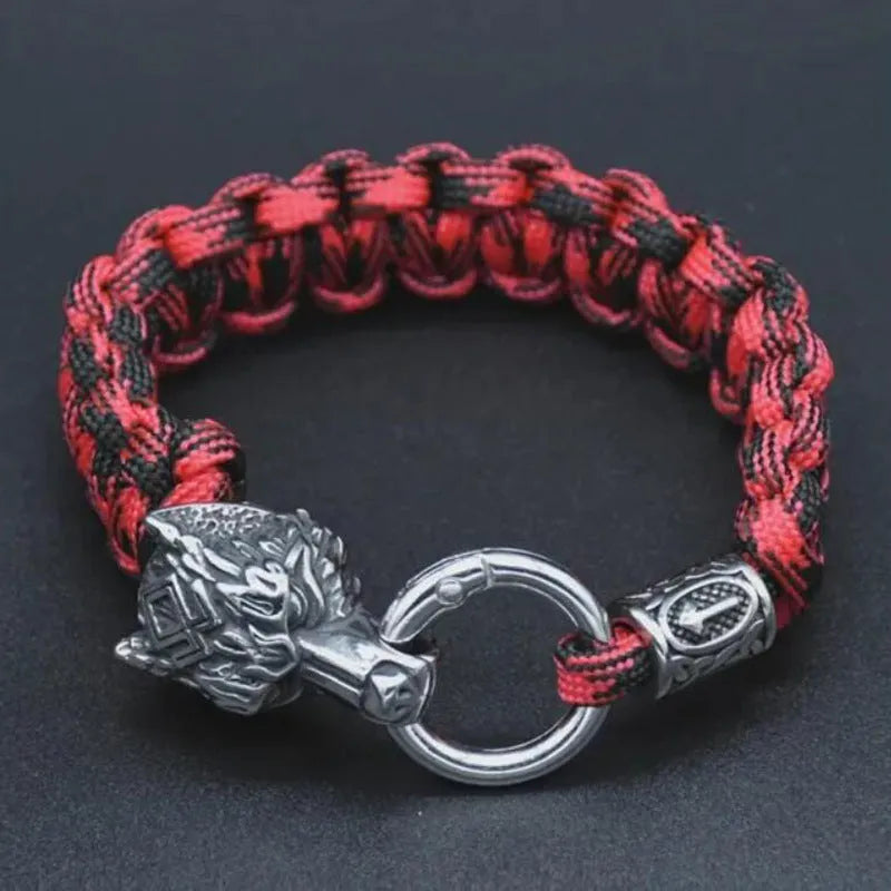 Handmade titanium steel wolf head bracelet in camouflage colour showing polished finish and retro design