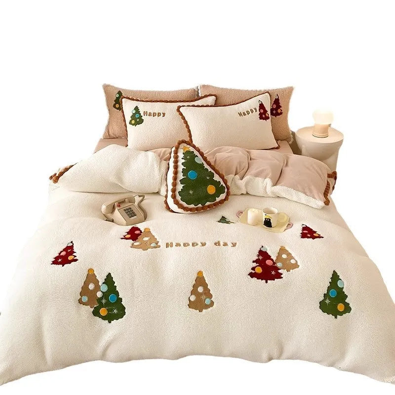 Bright yellow fleece-lined bedding set with winter Christmas cartoon animation pattern