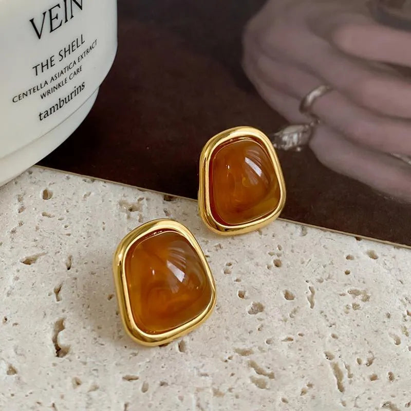 French style geometric pearl earrings with retro quadrilateral metal design in brown, coffee or white