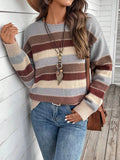 Women's colourblock striped pullover sweater in polyester, shown in black, blue, and grey.
