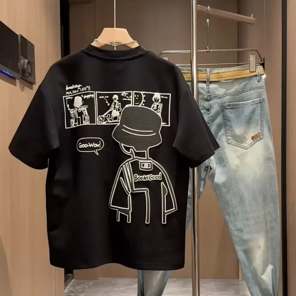 Men's black cotton short sleeve t-shirt with cartoon print design and crew neck