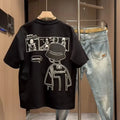 Men's black cotton short sleeve t-shirt with cartoon print design and crew neck