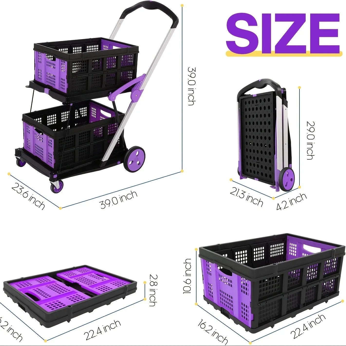 Foldable plastic shopping cart with double-layer basket in choice of blue, purple, pink, or red colour
