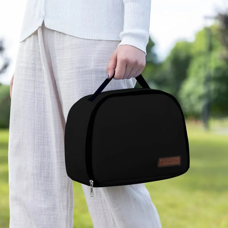 Insulated lunch box bag in textured cloth material showing colour options