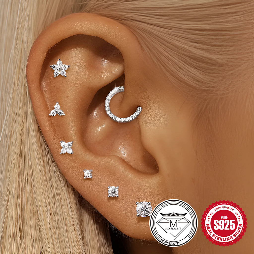 S925 sterling silver petal diamond stud earrings in platinum-single finish, showing clip-on back and geometric design options.