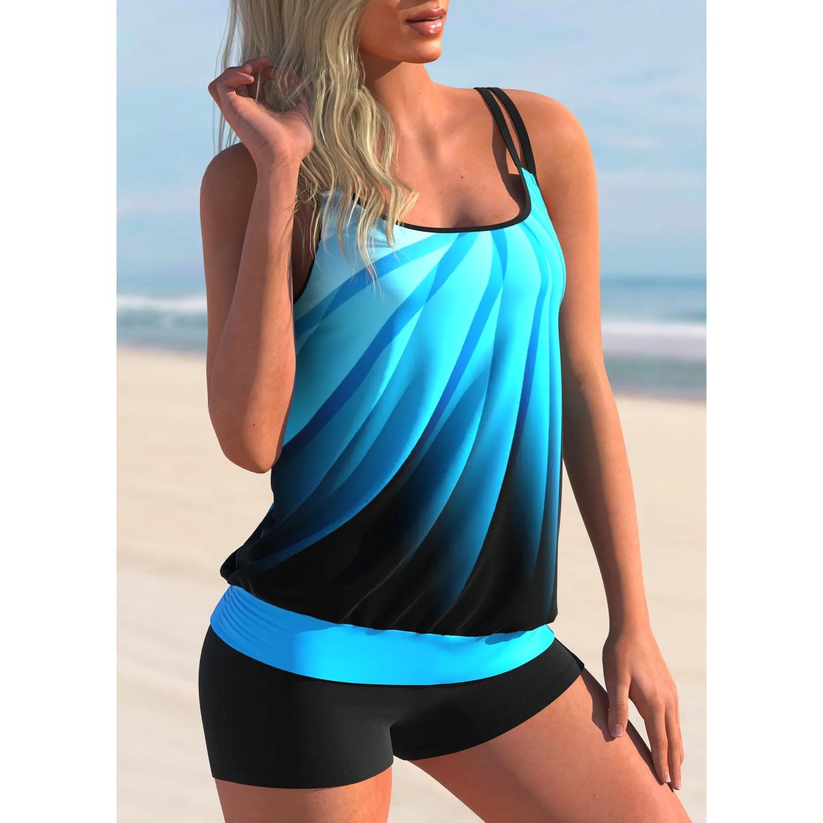 Plus size women's butterfly print swimsuit set with strap top and conservative beach shorts.